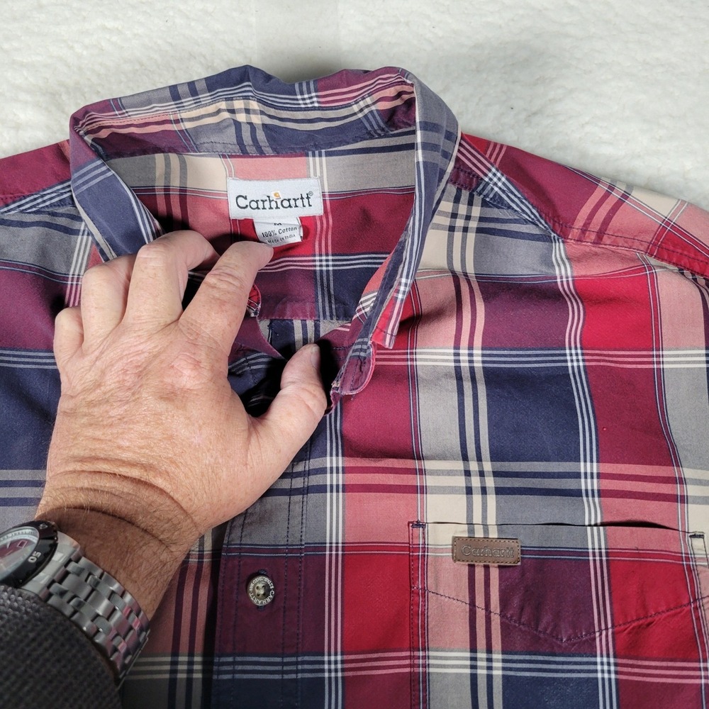Carhartt Plaid Shirt Mens Size M Red Navy Blue Long Sleeve Workwear Button Up
